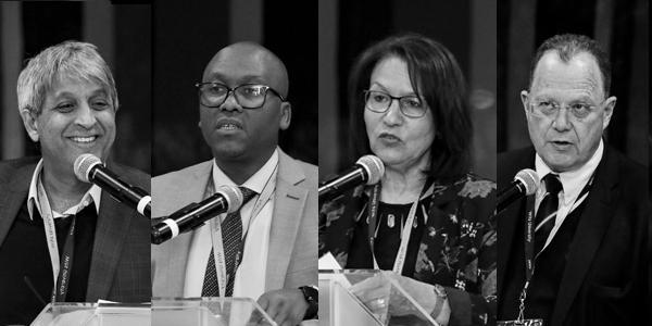 L_R. VC Adam Habib, Gauteng Health MEC Dr Bandile Masuku, Prof. Judith Bruce Asst Dean Health Sciences, Prof. Martin Veller Dean Wits Health Sciences at the 100th birthday of the Wits School of Public Health in July 2019